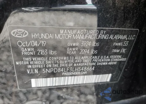2020 Hyundai Elantra Sel z USA, uszkodzony, nr VIN 5NPD84LF3LH548664